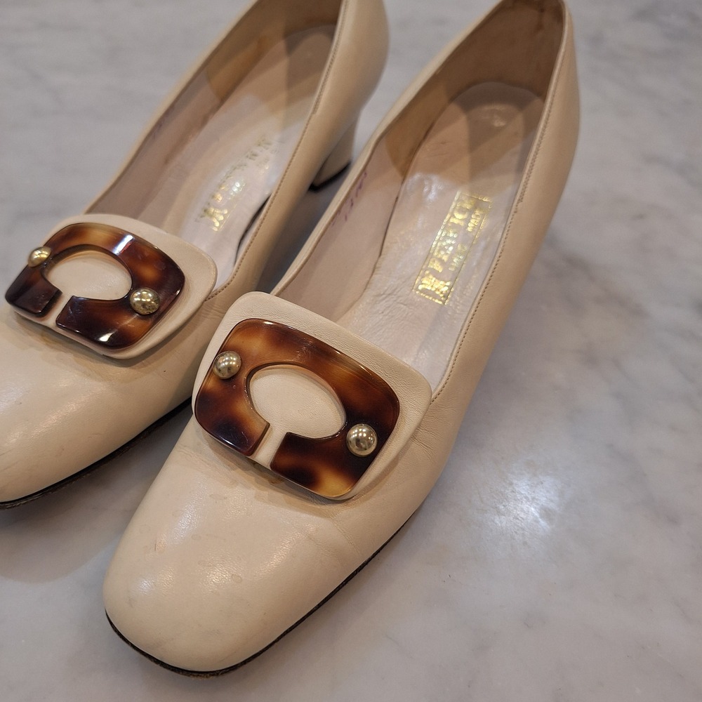 Vintage Fenwick 60s Mod Pumps Sz 7.5 Leather Tortoise Buckle‎ Block Heel Shoes
